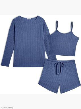 3-Piece Waffle Knit Lounge Set with Long Sleeve Top, Cami, and Shorts